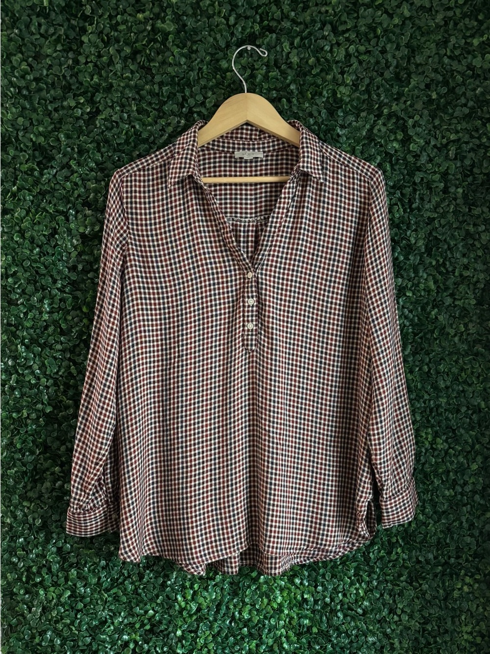Sz L LOFT Outlet Plaid Rayon Popover Blouse Burgundy Navy Cream